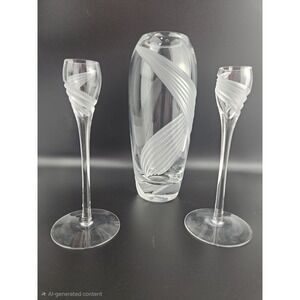 Set Of 3 Retired Vintage LENOX Crystal Windswept Vase & Two Candlesticks Etched